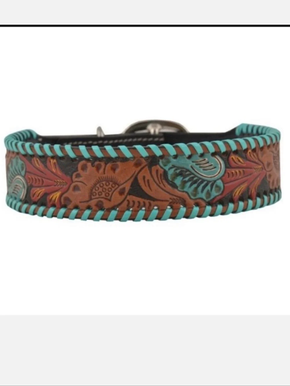Turquoise Floral Leather Dog Collar - Stylish Pet Accessory